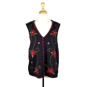 Holiday Editions Poinsettia Floral Vest Size XL Christmas Ugly Sweater Button Up
